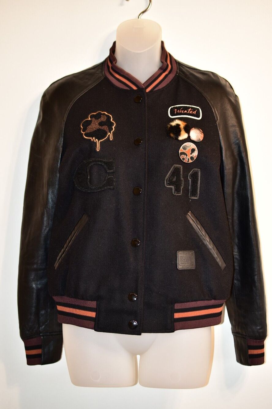 COACH 6 WANTED Varsity Jacket Black Leather Leopard Animal Bomber Patch Rare